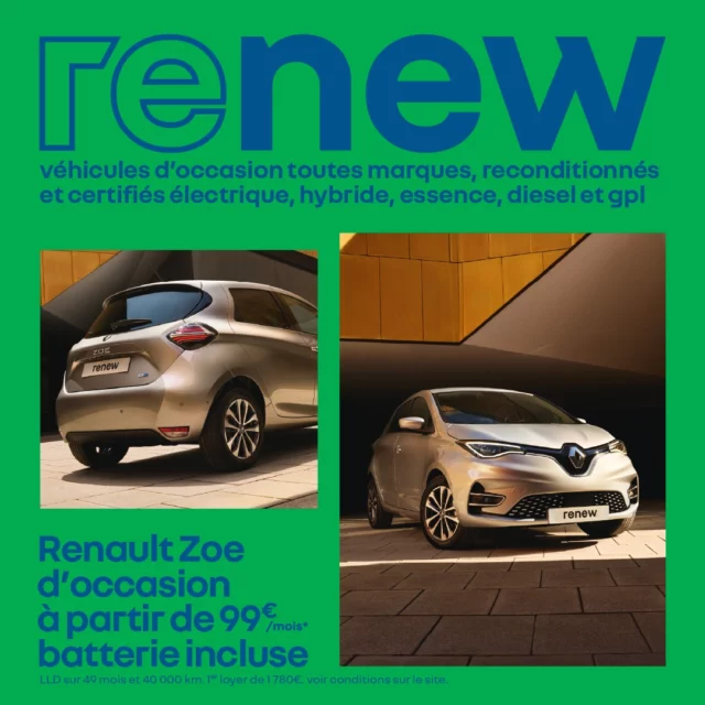 avec l'offre Zoe, on va vous faire aimer l'électrique !

jusqu'au 30 septembre, profitez de Renault Zoe E-Tech d’occasion dès 99€ /mois*, batterie incluse*.

bénéficiez de l’offre dès maintenant dans l'une de nos concessions RRG : lien en bio.

*voir conditions sur site

Pensez à covoiturer #SeDéplacerMoinsPolluer