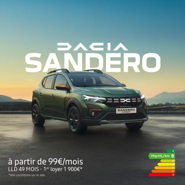 Jusqu'au 30 septembre, profitez de Dacia Sandero, la citadine agile et robuste, disponible à partir de 99€/mois* en location longue durée.

Prenez rendez-vous dès aujourd'hui dans la concession RRG de votre choix : lien en bio.

*voir conditions sur site

Au quotidien, prenez les transports en commun. #SeDéplacerMoinsPolluer
